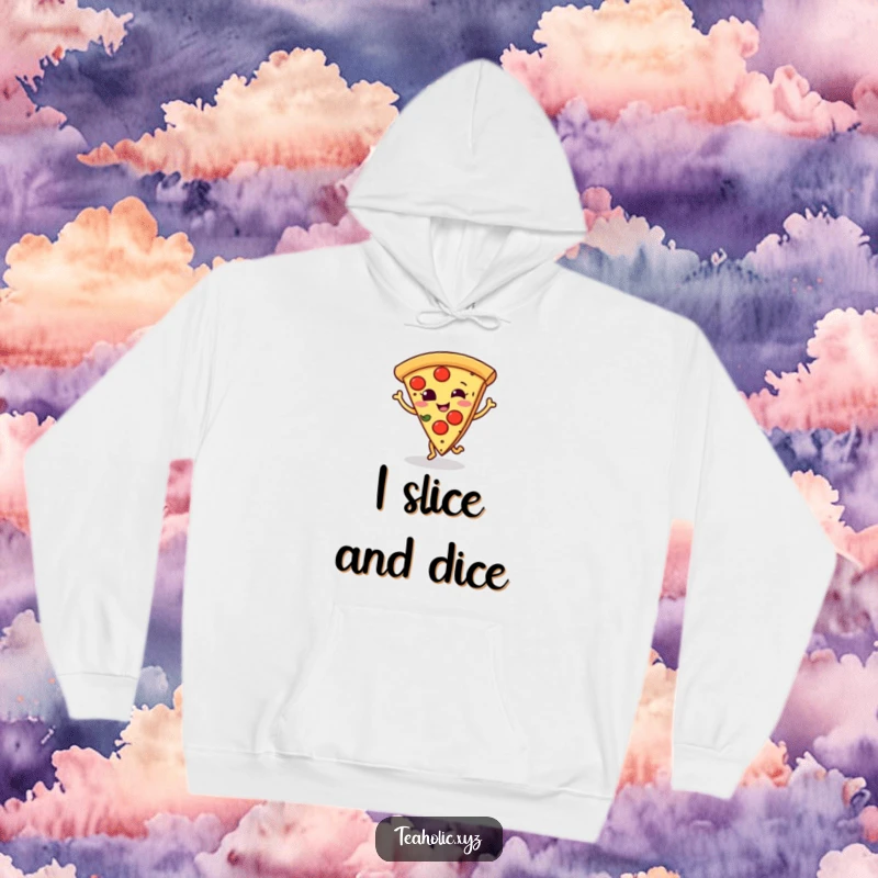 Funny hoodie with a smiling pizza slice doing a little dance step, perfect for cozy pizza parties.
