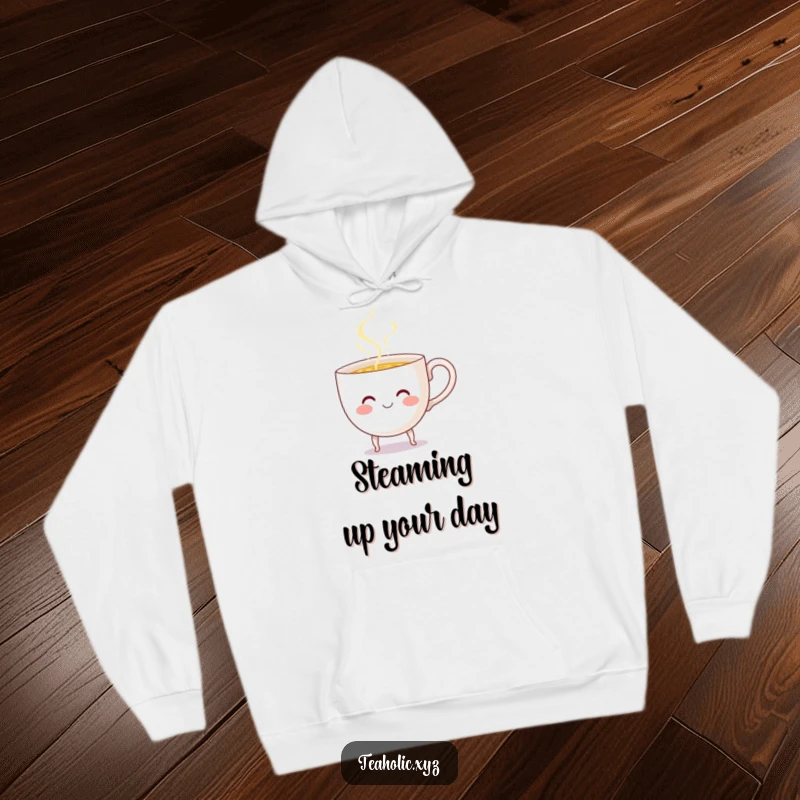 Funny Teacup Hoodie: A smiling teacup with tiny legs cheerfully pours steaming liquid, offering a cozy and humorous vibe.