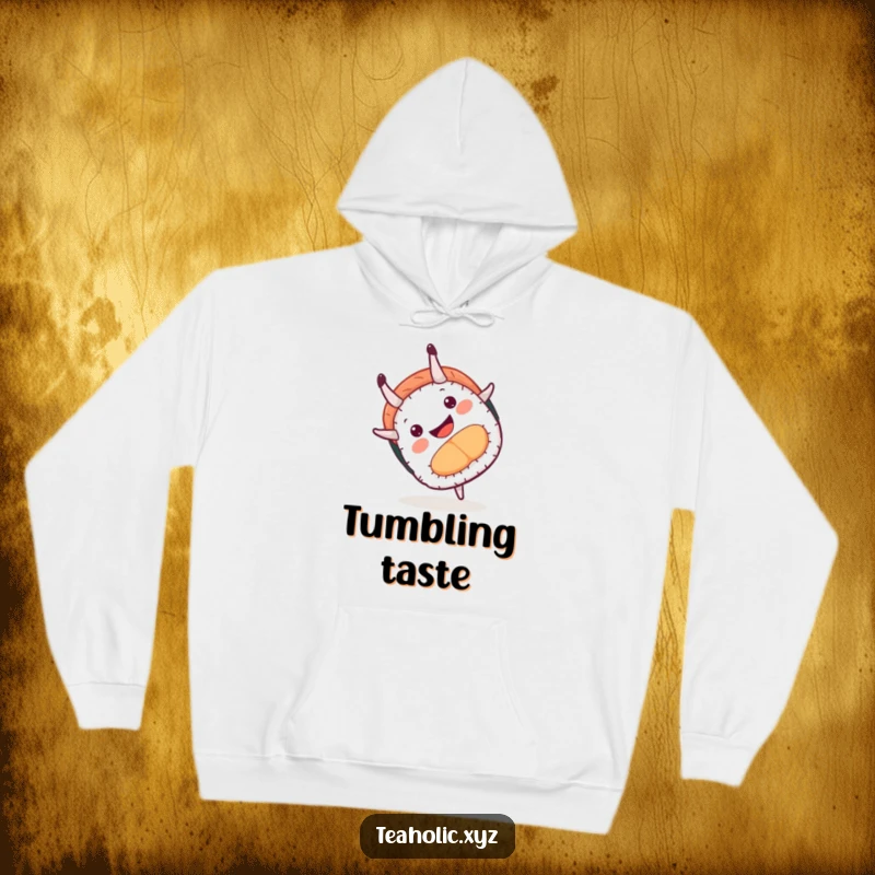 Funny hoodie depicting a smiling sushi piece mid-somersault, offering a cozy and humorous addition to any wardrobe.