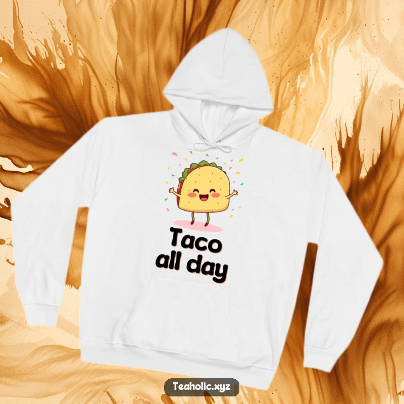 Funny hoodie with a cheerful taco with legs dancing, surrounded by falling confetti, perfect for cozy celebrations.