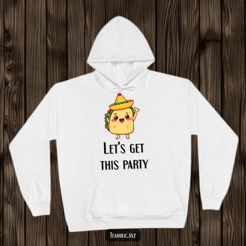 Funny hoodie with a taco character joyfully waving a tiny sombrero, perfect for cozy fiesta vibes.