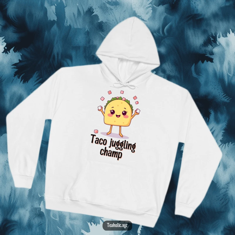Funny hoodie depicting a happy taco with legs juggling sugar cubes, offering a cozy and humorous addition to any wardrobe.