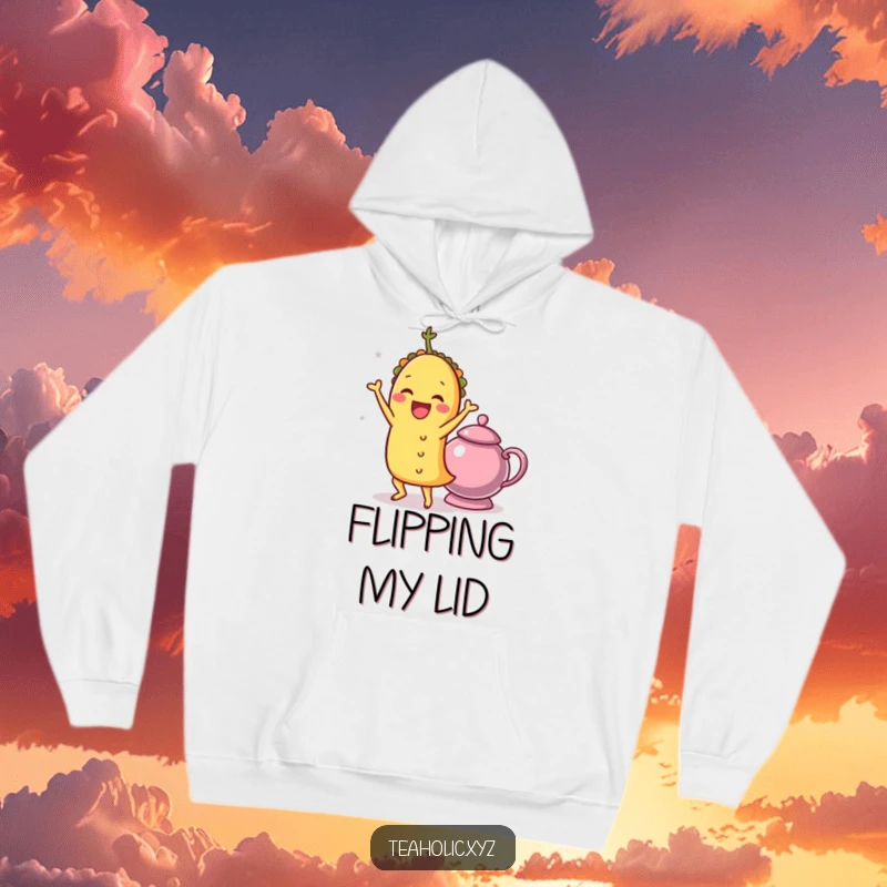 Funny taco doing a delightful shimmy next to a teapot, featured on a warm and humorous hoodie.
