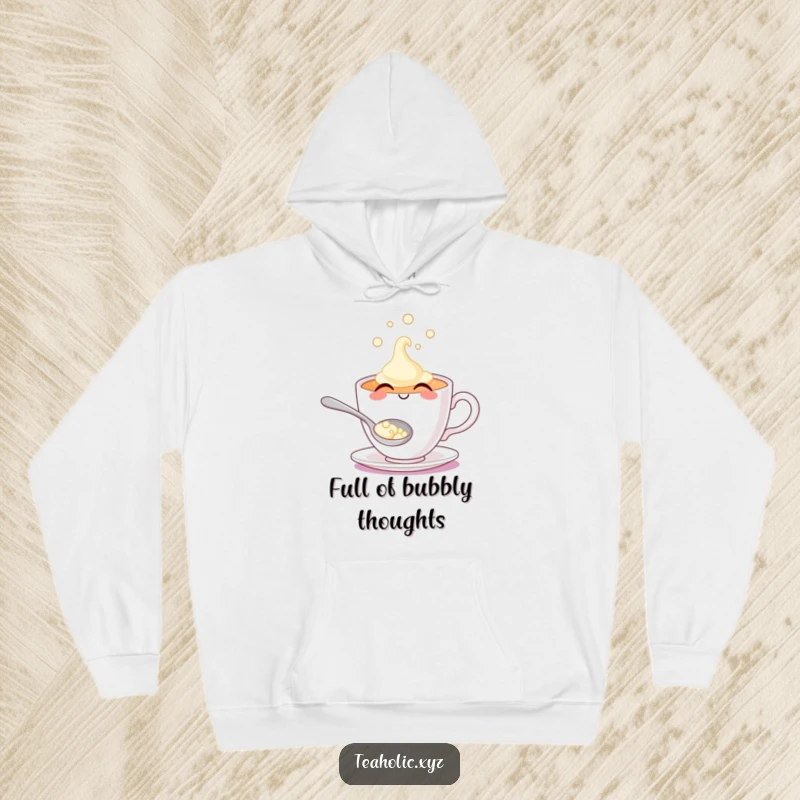 Cozy smiling teacup character, playfully overflowing with effervescent bubbles, perfect for relaxation and warmth.