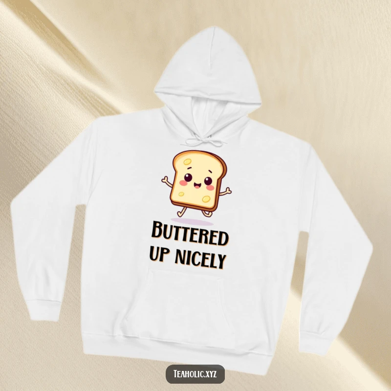 Funny hoodie featuring a smiling, buttered toast slice doing a hop-skip, offering cozy comfort and cheerful vibes.