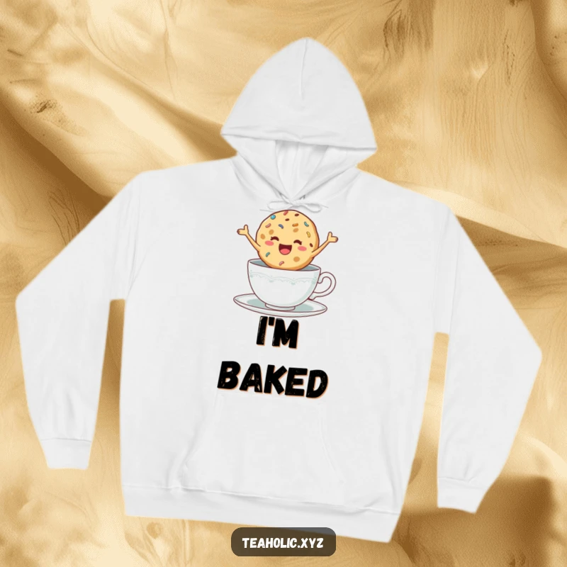 Funny hoodie with a delighted cookie with sprinkles jumping excitedly in a teacup, perfect for cozying up.