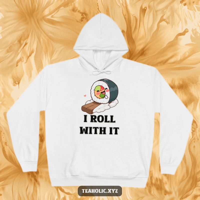 Funny Hoodie featuring a gleeful piece of sushi rolling downhill, offering warmth and a dose of hilarious culinary adventure.