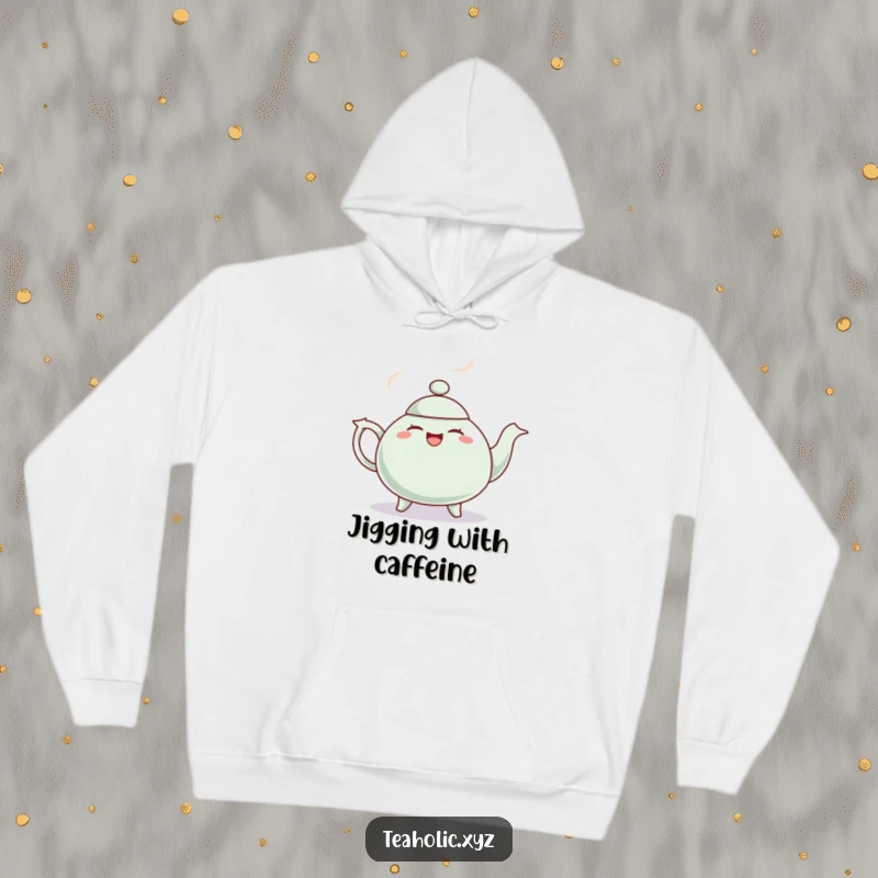 Funny hoodie featuring a giggling teapot with steam puffs dancing a jig, providing warmth and a humorous, energetic aesthetic.