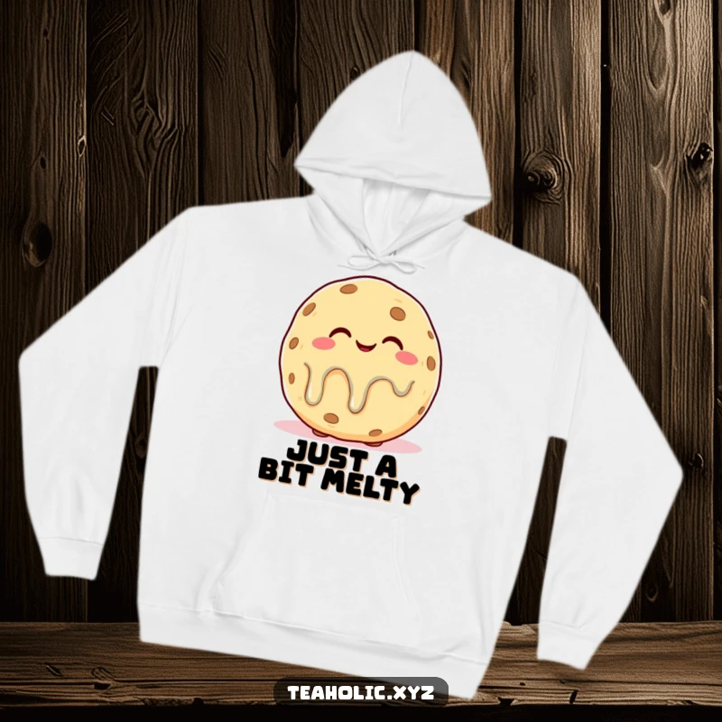 Funny hoodie featuring a plump cookie character with a blissfully relaxed expression, slightly melting in cozy comfort.
