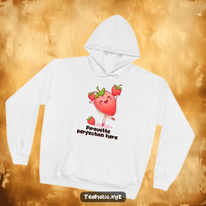 Funny strawberry ballet hoodie showing a happy fruit dancer in a pirouette, great for a funny gift.