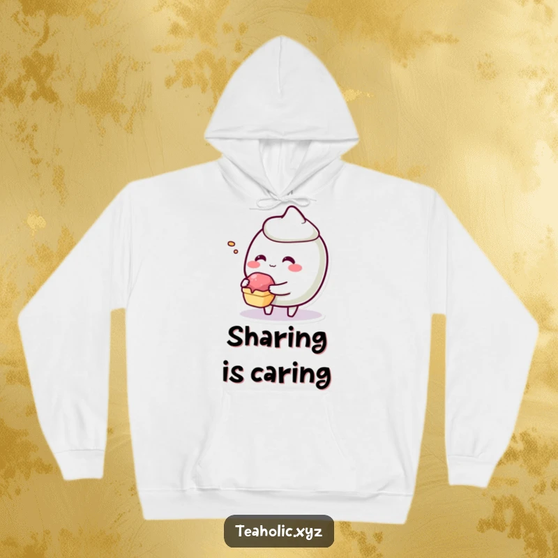 Funny giggling pastry character offering a tiny bite on a warm and comfortable hoodie.
