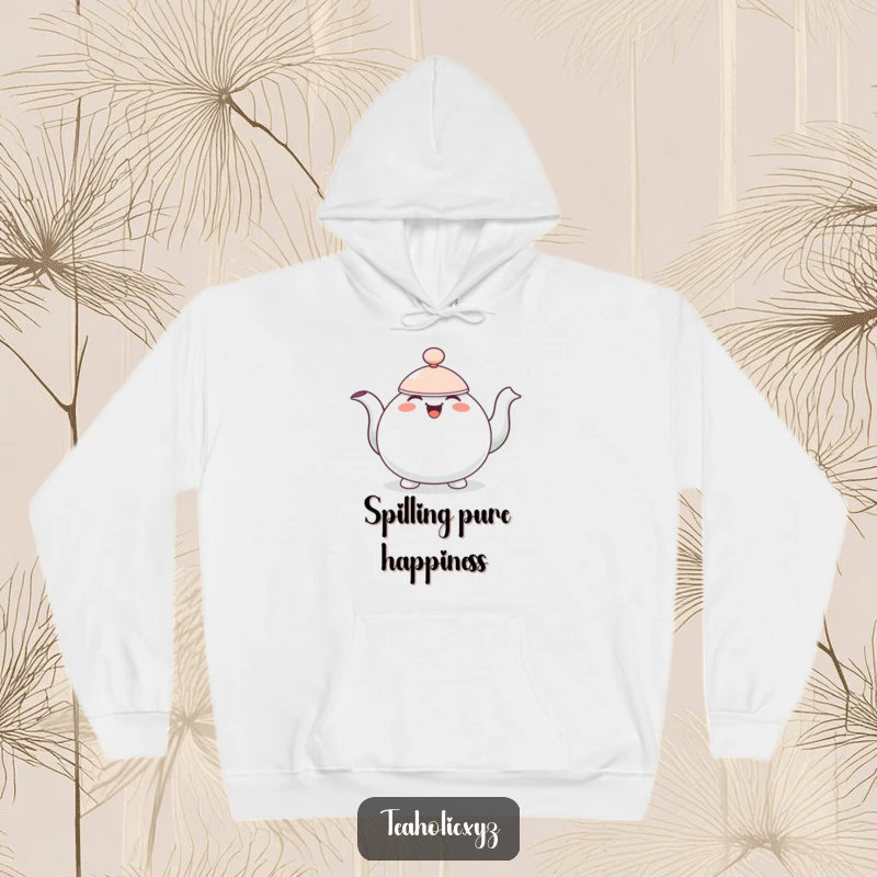 Funny hoodie featuring a cheerful teapot character bobbing up and down, full of joy.