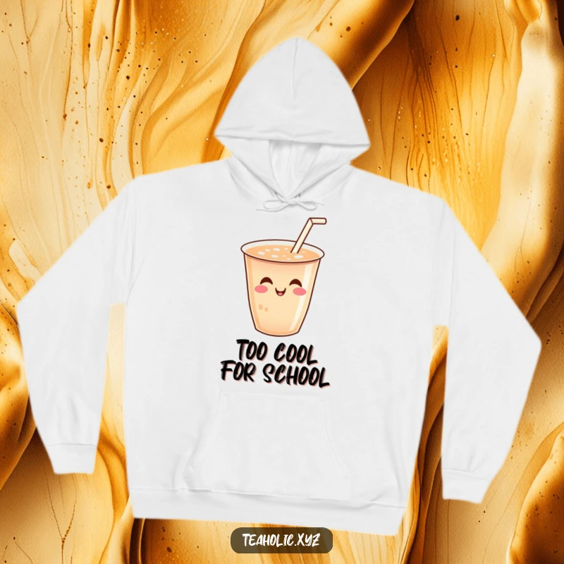 Funny hoodie with a smiling cup of tea and a tiny straw wiggling joyfully, designed for ultimate coziness and humor.