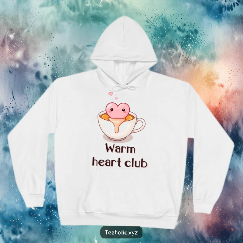 Funny candy heart happily melting into a warm cup of tea, featured on a warm and humorous hoodie.