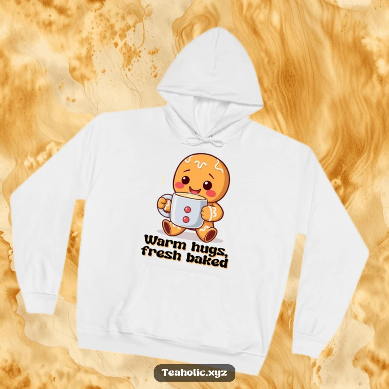 Funny Hoodie featuring a smiling gingerbread man character offering a steaming mug, epitome of warmth and holiday fun, perfect winter wear.