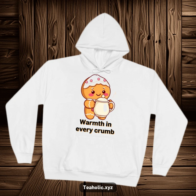 Funny gingerbread character with a warm smile holding a steaming teapot, featured on a cozy hoodie for winter.