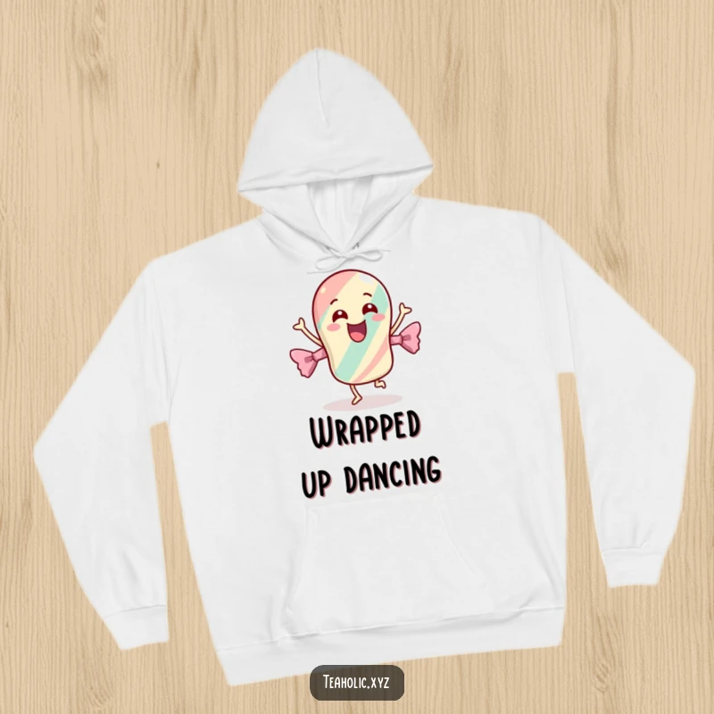 Funny hoodie featuring a cheerful candy with its wrapper dancing energetically, providing cozy warmth and vibrant, playful energy.