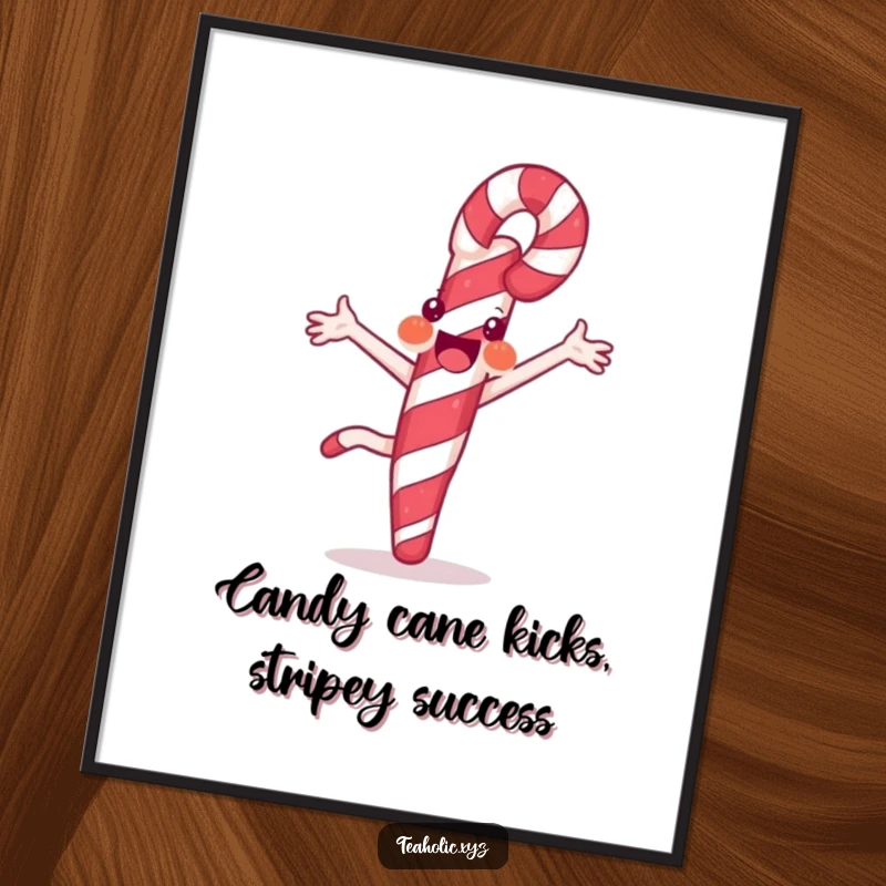 Funny Free Printable Wall Art: Joyful candy cane doing a cartwheel with striped flair, creating a dynamic and sweet, downloadable artistic statement.