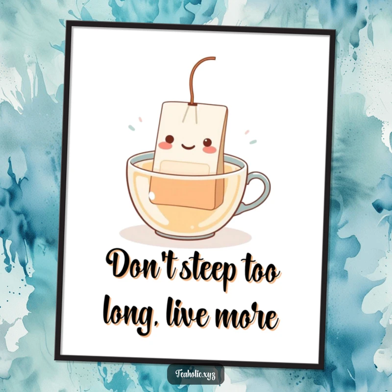 Funny Free Printable teabag happily dipping into water, whimsical wall art for kitchens, downloadable art.