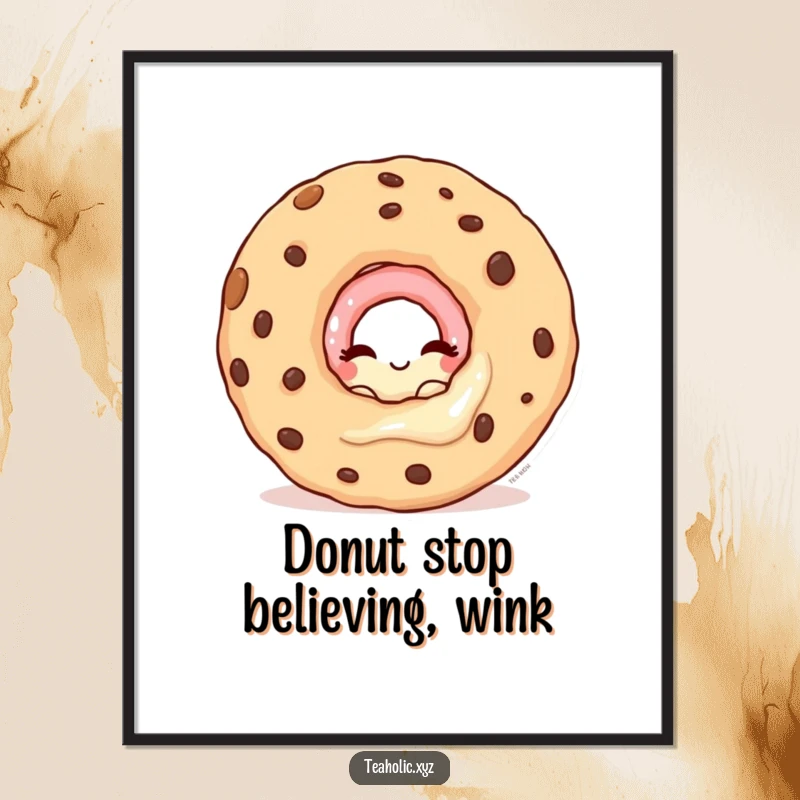 Funny free printable wall art of a winking donut character peeking playfully from behind a giant, tempting cookie.
