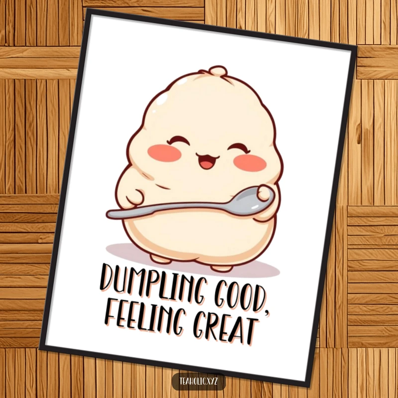 Funny Free Printable Wall Art: Proud dumpling with rosy cheeks holds a tiny spoon, cute downloadable decor