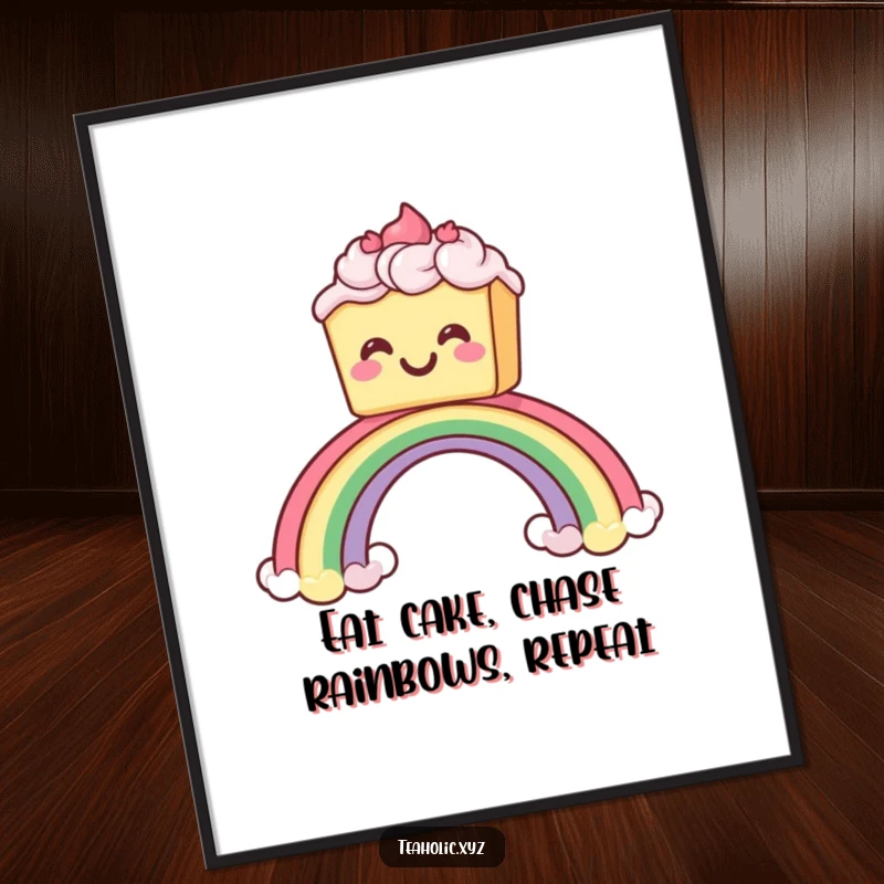 Funny Free Printable Wall Art: Grinning cake slides down a rainbow, a cheerful and humorous downloadable art piece