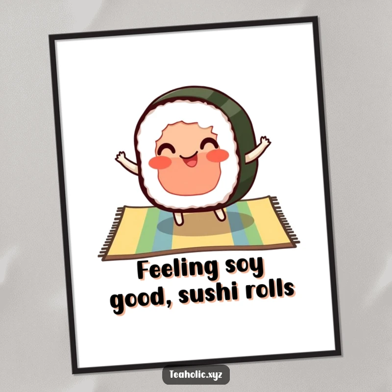 Funny Free Printable Wall Art: A pleased slice of sushi with rosy cheeks bouncing on a colorful mat, adding whimsical charm and fun.
