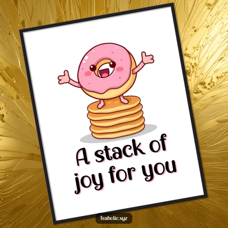 Funny Free Printable Wall Art: A cheerful donut with legs bounces adorably on a stack of pancakes.