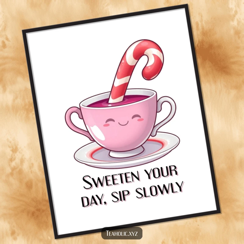 Funny free printable wall art of a cheerful candy cane dipping itself into a mesmerizing swirling teacup.