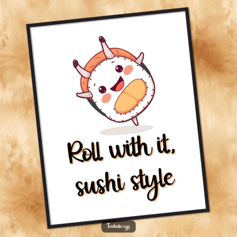 Funny Free Printable Wall Art depicting a smiling sushi piece masterfully executing a playful somersault with flair.