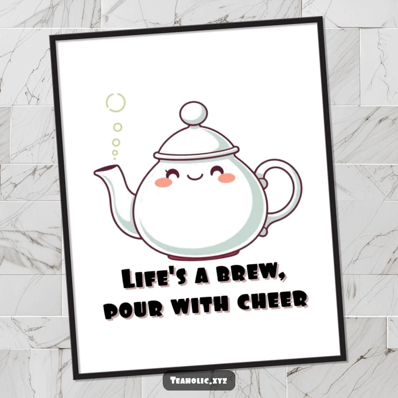 Funny Free Printable teapot with a hat puffing steam, whimsical wall art for kitchens, downloadable art.