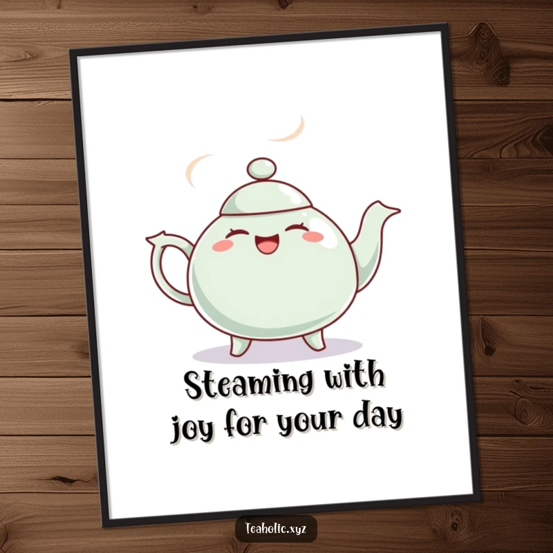 Funny Free Printable Wall Art: A giggling teapot with steam puffs dances a cheerful jig.