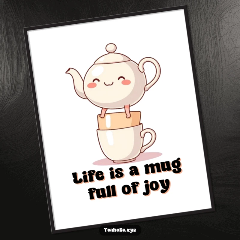 Funny Free Printable Wall Art: A cheerful teapot character with legs bouncing merrily on a stack of mugs.