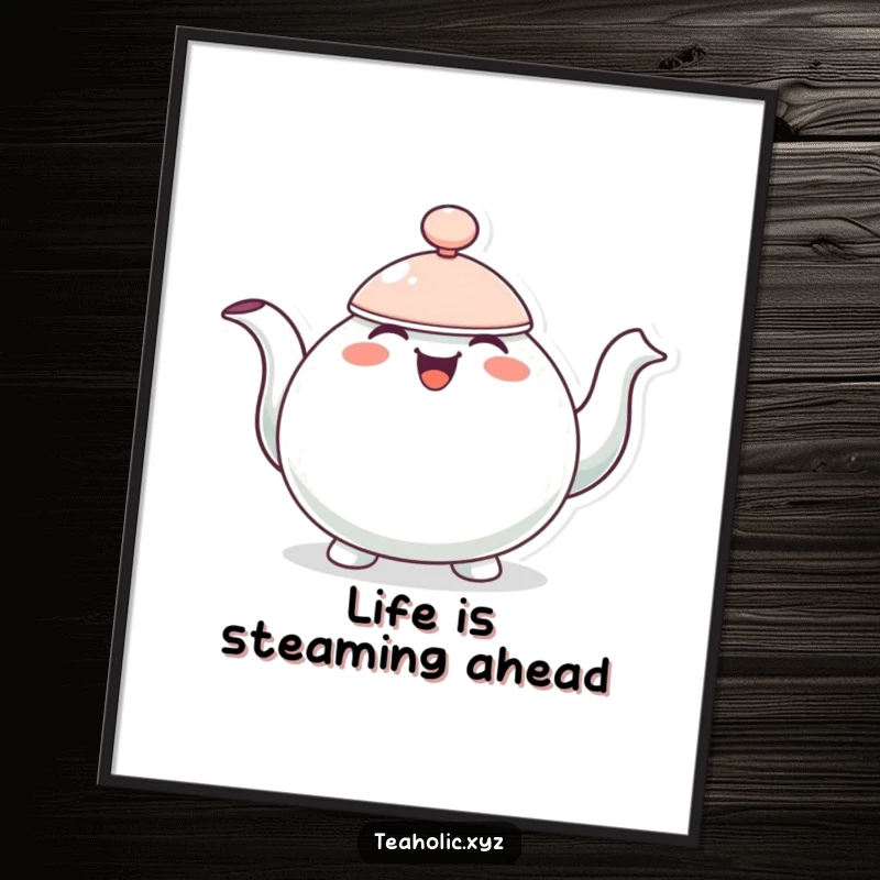 Funny Free Printable Wall Art: A cheerful teapot character bobbing happily, overflowing with vibrant joy and charm.