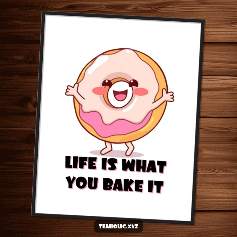 Funny Free Printable Wall Art: A smiling donut character dances with joy, surrounded by a whimsical sprinkle aura.