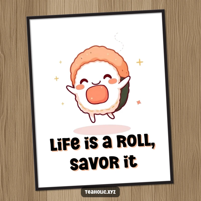 Funny Free Printable Wall Art: A charmed sushi piece dances with tea steam, adding a playful touch to decor.