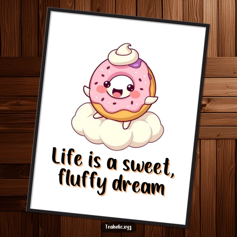 Funny Free Printable Wall Art: A bubbly donut character gleefully bounces high on a soft, fluffy whipped cream cloud, a vision of fun.