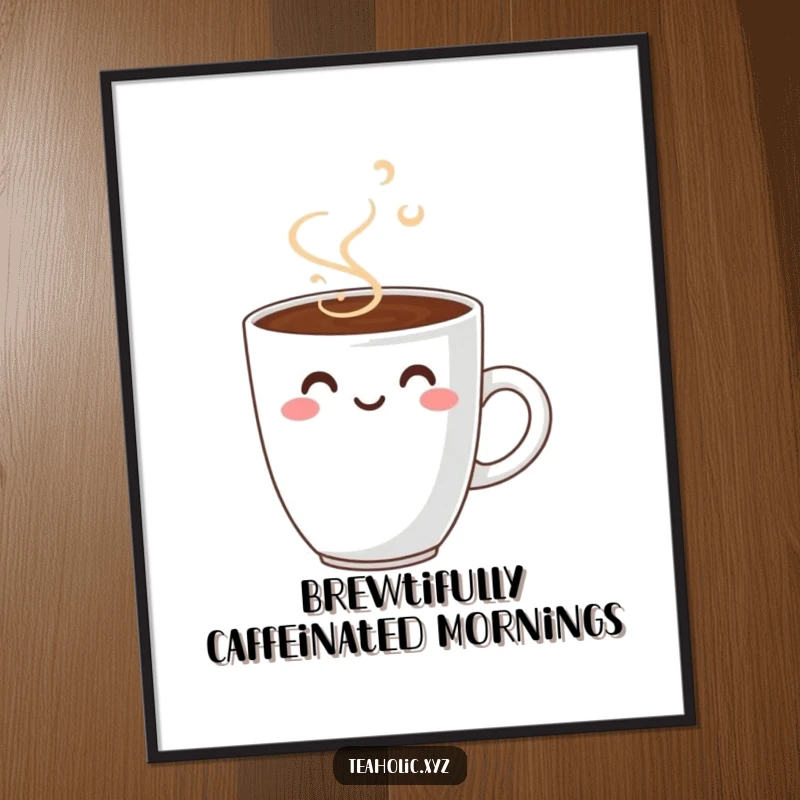 Funny Free Printable Wall Art: A vibrant coffee cup with steam forming a happy smiley face, ideal for kitchen decor.