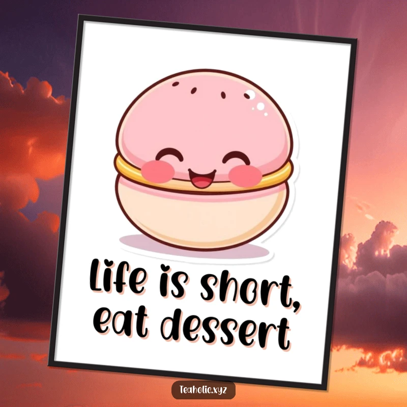 Funny Free Printable Wall Art: A cute macaron character with rosy cheeks, beaming happily, perfect for a kitchen.