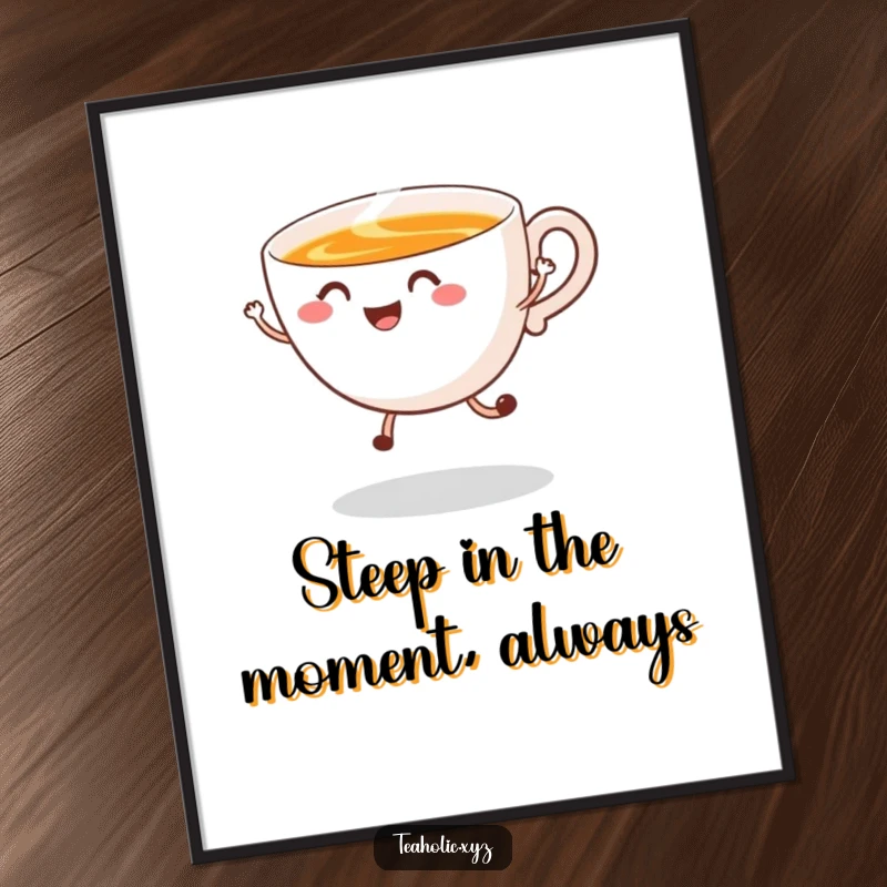 Funny Free Printable Wall Art: A smiling tea cup character captured mid-jump with steam swirling, bringing cozy, cheerful vibes.