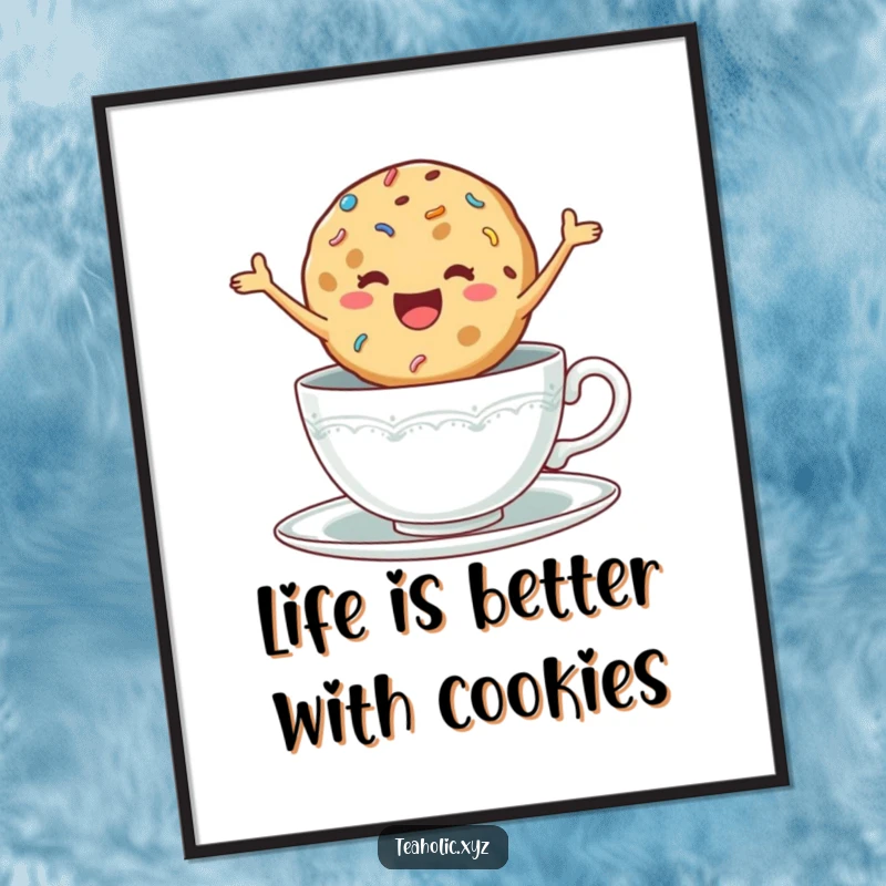 Funny Free Printable Wall Art: A delighted cookie with sprinkles jumping excitedly in a teacup, bringing playful energy and sweetness.