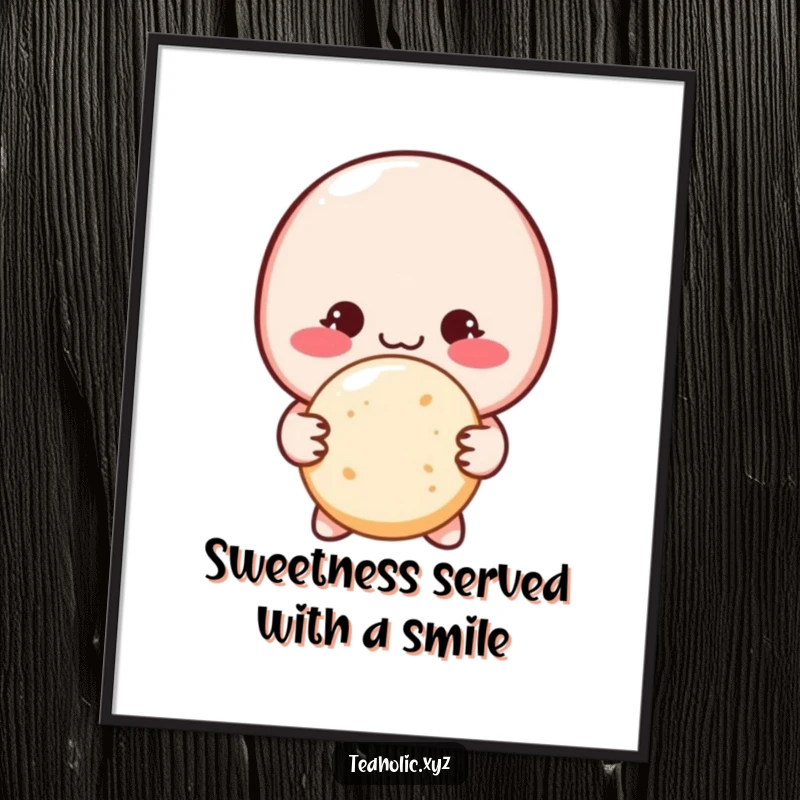 Funny Free Printable Wall Art: A blushing macaron character shyly offering a sugar cookie, delicate art.