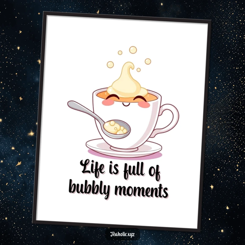 Funny Free Printable Wall Art: A smiling teacup character with a spoon brimming with playful, shimmering bubbles, a delightful visual treat.
