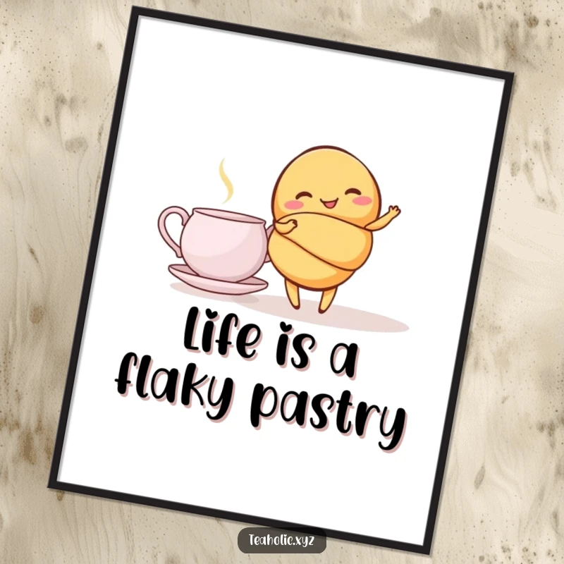 Funny Free Printable Wall Art: A giggling croissant performs a graceful twirl beside a teapot, adding elegance to decor.