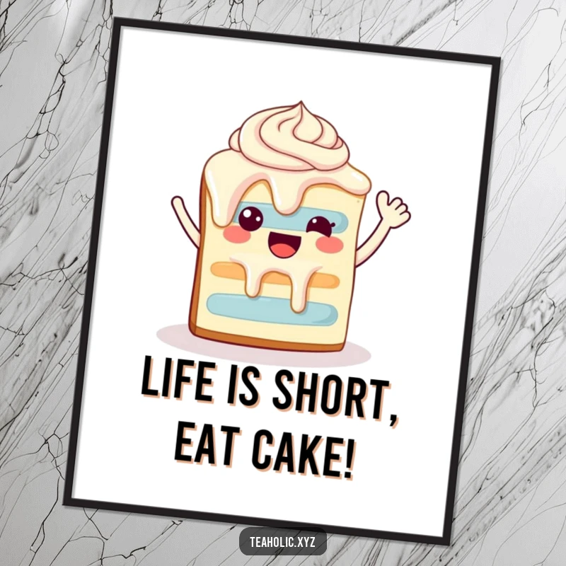 Funny Free Printable Wall Art: A happy slice of cake with frosting waves enthusiastically, bringing cheerful vibes to any room.