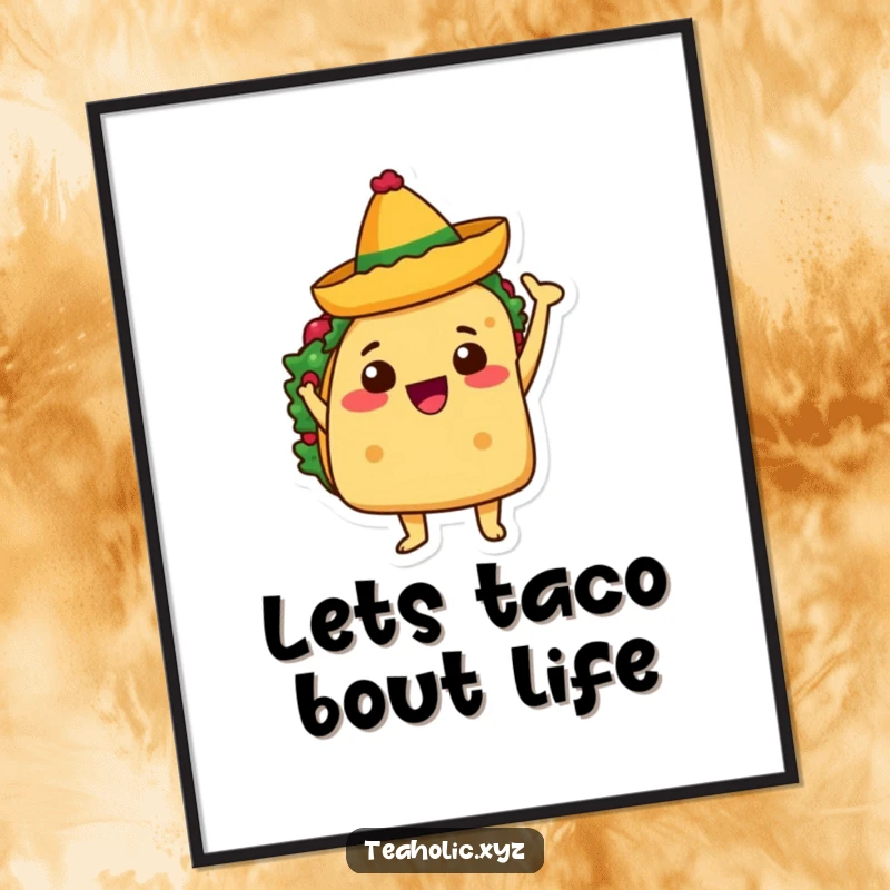 Funny Free Printable Wall Art: A joyful taco character waving a tiny sombrero, perfect for a festive kitchen.