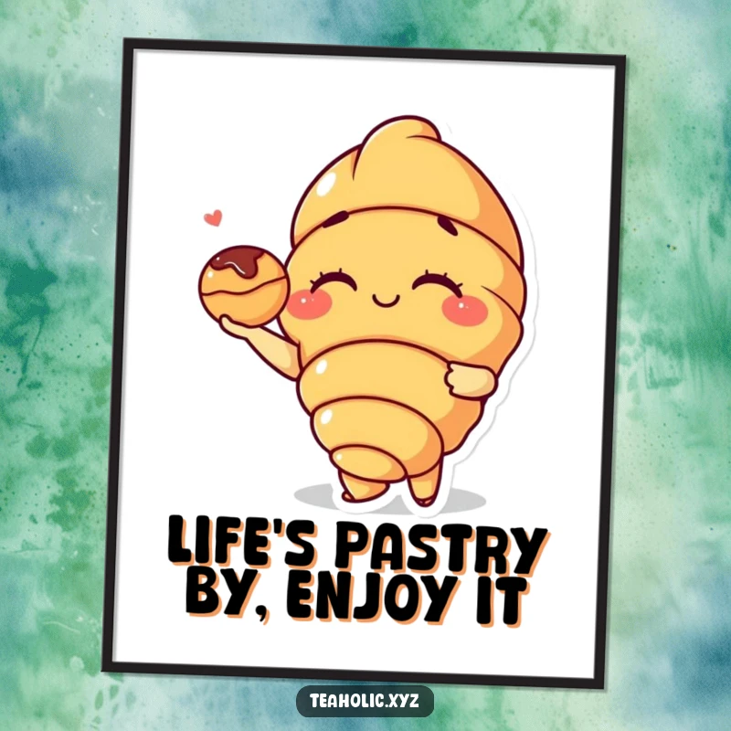 Funny Free Printable Wall Art: A winking croissant character holds out a small pastry, perfect for whimsical decor.