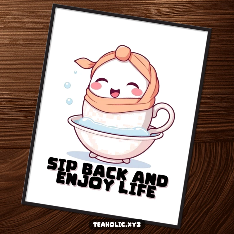 Funny Free Printable Wall Art: A happy, winking teacup character with a handle-scarf dips into a bubbly bath.