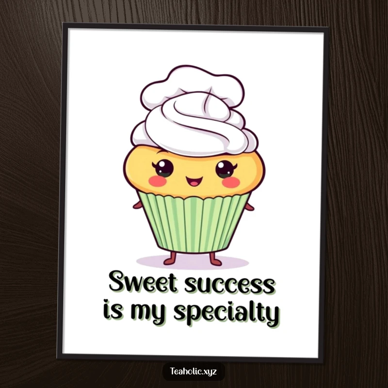 Funny Free Printable Cupcake Wall Art: A proud cupcake character wearing a chef hat, beaming with delicious charm.