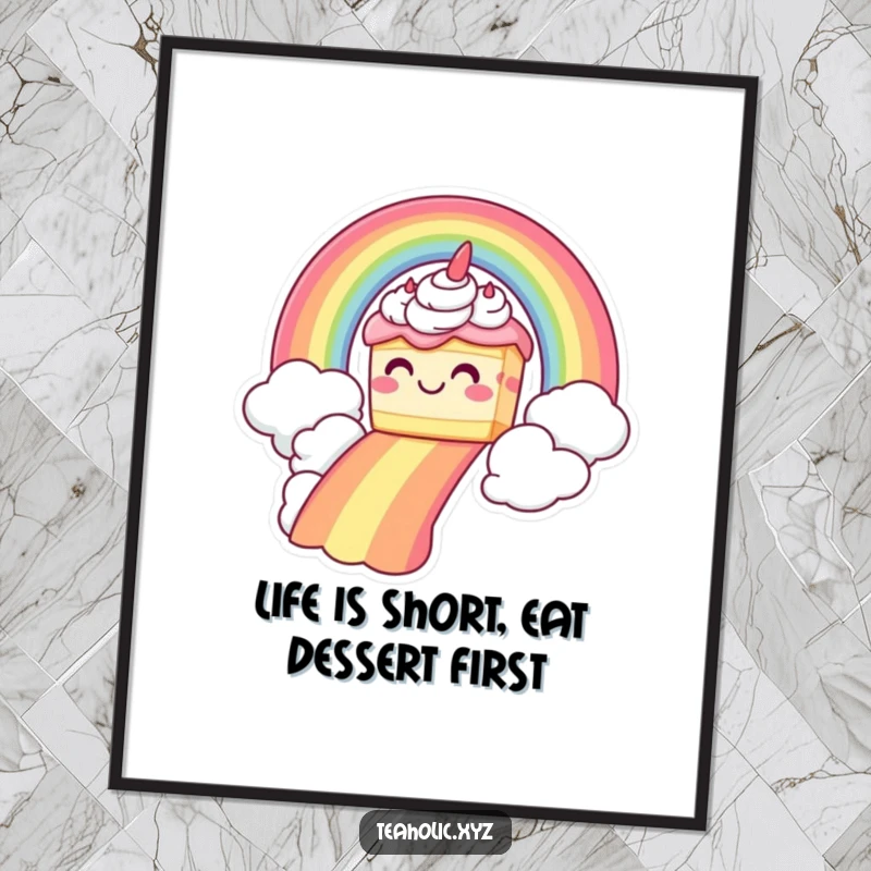 Funny Free Printable Wall Art of a grinning cake with frosting sliding down a vibrant rainbow, adding whimsy.